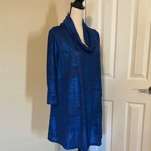 Allison Daley Rich Blue Cowl Neck Top Tunic 3/4 sleeve shimmer shiny